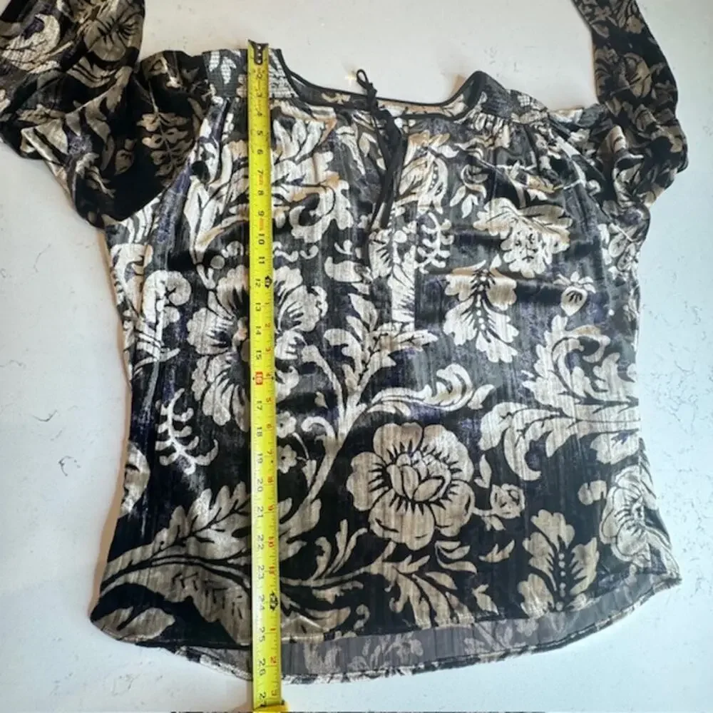 Anthropologie Faustine Velvet Floral Peasant Blouse L Boho Smocked Top